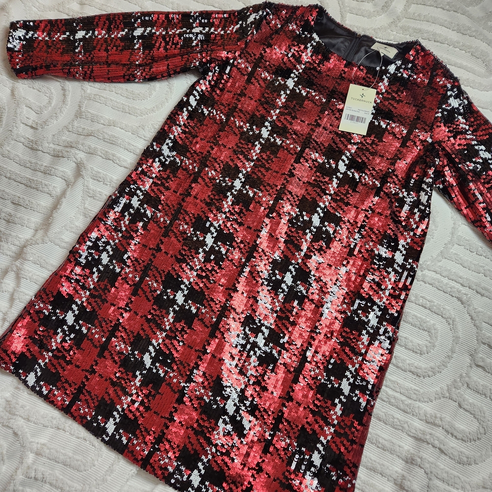Tuckernuck NWT Sequin Red Plaid Houndstooth Pierre Holiday Shift Dress Medium - Picture 5 of 9